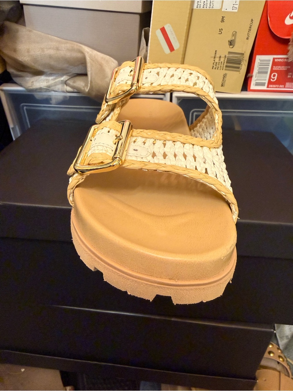 Marc Fisher Beige Woven Double Buckle Platform Sandal Size 9 These are Cute 🥰